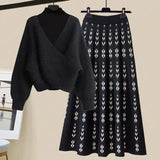 Warm Knitwears 3 Pieces Set For Womens Outfit Korean High Quality Pullover Knitted Sweater+print Pleated Skirts Sets