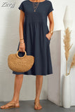 Neck Elegant Simple Short Sleeve Dress Summer Fashion Casual Dress for Women Cotton Linen Dresses 2023 Office Lady Robe