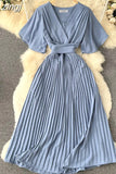 Women Purple/Red/Green Bandage Pleated Midi Dress Female Vintage V-Neck Short Sleeve High Waist A-Line Draped