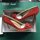 nude 12cm extreme high heels women shoes with bow rivets black red pointed toe shallow women pumps plus size MD002