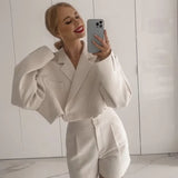 Elegant Ofiice Ladies Tweed White Notched Collar Spring Blazer Za Double Breasted Jacket Women Outerwear Chic Top Crop