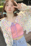 Colorful Dot Thin Long Sleeve Shirts Summer Blouse Y2k V Neck Bandage Short Shirt Sunscreen Camisas Women Crop Tops