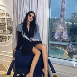 Spring New Denim stitching Tassel Women's Blazer Notched Loose Single Braested Long Sleeve Suit Jacket Fashion