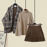 Winter Warm Clothes For Women French Vintage Notched V Neck Plaid Woolen Coats+knitted Sweater+pleated Skirts 3 Piece