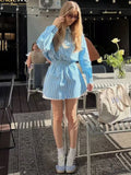 Women's Dress Design Long-Sleeved Striped Shirt Tightly Shorts