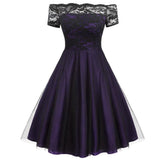 Women Vintage Lace Dress Red Black Green Slash Neck Tulle Midi Chic Retro Gothic 50s Jurken Swing Party