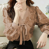 Autumn Flocking Print Bow Lace Up Pullover Chiffon Blouse Elegant Fashion Lantern Long Sleeve All-match Shirt Top