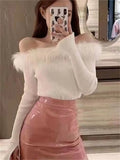 Women Pullover Neck Fur Patchwork Sweater Sexy Strapless Long Sleeve Knitted Tops 2022 Autumn Winter Female