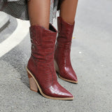 Women Boots Pu Leather Wedge High Heel Ankle Boots Pointed Toe Winter Cowboy Boots Fashion Western Boots Black White