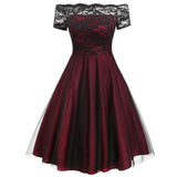 Women Vintage Lace Dress Red Black Green Slash Neck Tulle Midi Chic Retro Gothic 50s Jurken Swing Party