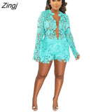 Holes 2 Piece Sets Womens Outfits Sexy Solid Hollow Out Long Sleeve Lace Coat Top + Shorts Summer