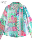 Patchwork Button Up Shirt Women Print Long Sleeve Top Female Loose Summer Blouses Woman 2023 Collared Women's Beach
