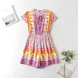 Queens Women Boho Bodysuits Floarl Sleeveless Pockets Loose Rompers Bohemian Linen Cotton Sashes Romper