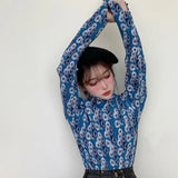 Women T-shirt Fashion Daisy Print Turtleneck Mesh Tops Autumn Long Sleeve Shirts Party Ladies Korean Style Tops