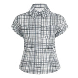 Cloth Forget British Wind Wood Ear V-Neck Check Shirt Temperament Waist Button Bubble Sleeve