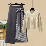 Women Autumn Winter Warm Knitted Two Pieces Sets Korean Long Sleeve Pullover Sweater Top And High Waist Skirts