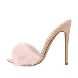 Onlymaker Peep Toe Mules Artificial Fur Slip On Gold White Thin High Sandals Big Size High Quality Summer Women Brand