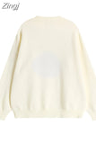 Women Chic Print Knitted Pullovers Sweaters O-Neck Warm Oversized Loose Casual Ins Cute Jumpers Harajuku Ladies Top