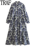 2023 Vintage Print Long Dress Women Blue Shirt Dress Woman Ruffle Long Sleeve Midi Dresses Women's Elegant Loose