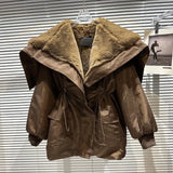 2022 Winter Sailor Collar Drawstring Waist Fleece Parkas Fleece Thick Jacket Women Trenchcoat