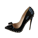 nude 12cm extreme high heels women shoes with bow rivets black red pointed toe shallow women pumps plus size MD002
