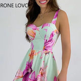 Women Chic Cami Sleeveless Floral Print Ruffle Hem Midi A Line Sexy