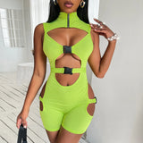 Summer Women Playsuits 2022 New Sexy Outfits Zip-up Sleeveless Hollow Out Bandage Short Jumpsuit Rompers Night Club