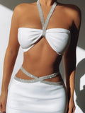 New Summer Women White Bandage 2 Two Pieces Sets Sexy Halter V Neck Tops& Mini Skirts Hollow Out Celebrity Club Party