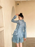 3 Piece Blue Glitter Summer Blazer Women Jackets Coat Blazer And Short Skirt Set For Women Elegant High Fashion