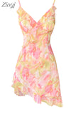 Women Sexy Backless V-Neck Floral Print Suspender Dress Fashion French Elegant Holiday Party Club Sweet Mini Dress 2023