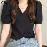Sleeve Blouse Women V-neck Solid Summer Asymmetrical All-match Simple Basic Elegant Sweet Lady Tops Design Korean