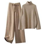 Two Piece Sets Women Winter Korean Casual Turtleneck Knitted Sweater And Wide Leg Knitting Pants Suits Women Homewear