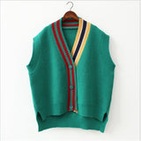 Female Fashion Loose Vest V-neck Button Sweater Open Stitch Casual Striped