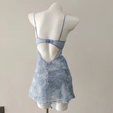 Sexy Sling Pyjamas Women's New Embossed Blue Hollow Lace Mesh Yarn Short Pyjamas Pure Desire High