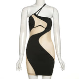 Mesh Patchwork Off Shoulder Bodycon Mini Nightclub Dress 2022 Summer Women Transparent Diagonal Collar Package Hip