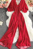 Sexy Polka Dot Romper Women Elegant V-Neck Puff Short Sleeve High Waist Jumpsuit Female Loose Wide Leg Playsuits