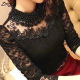 long sleeve bodysuit beaded Women lace blouse shirts crochet tops blusas Mesh Chiffon blouse female