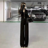 Women Autumn Fashions New Two Leisure Tracksuit Long Sleeve Zipper Wide-legged Pants Pants Suit Solid Knitted Sweatshirt