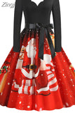 Big Swing Print Vintage Christmas Dress Women Winter Casual Long Sleeve V Neck Sexy New Year Party Dress