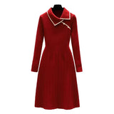 Winter New Knitted Bottoming Dress for Women High-end Temperament Lapel Long Sleeve Button Deco A-line Sweater Long