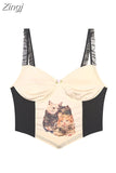 2023 Summer Women Cat Print Tank Top Fashion Vintage Y2K Ladies Sleeveless Slim Crop Top Backless Camisole Female