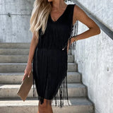 Sleeveless V-Neck Summer Mini Party Dress Ladies Fashion Solid Color Fringe Satin Dress Ladies Slim Hip Dresses 2023
