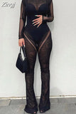2 Pieces Mesh Sheer Patchwork Women Suits Sexy Street Clubwear Outfits See Through Long Sleeve Bodysuits Flared