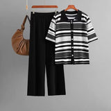 Women's Two-Piece Set Of Polo Tie Striped T-Shirt High-Waisted Broad Leg Pants Fashion