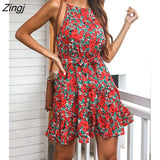 Women Summer Dress Sexy Spaghetti Strap for Women New Hanging Neck Strap Print Dress Female Floral Mini Beach Dress