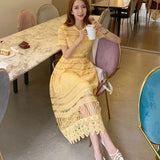Lace Hollow Yellow Elegant Midi Women Dress High Waist A-line Vintage Womens Clothing Casual Fitted Dress Maxi