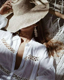 Queens Women Solid Long Sleeve Beach Hollow Out Bohemian Shirt Ladies O-neck Boho Shirts