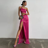 Women 2022 Summer Diagonal Tassels Long Slip Party Dresses Sexy Off Shoulder Hollow Out High Split Maxi Evening