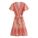 Queens Women Pink Floral Print Cross V-neck Beach Wrap Mini Dress Ladies Short Sleeve Rayon Boho Dresses