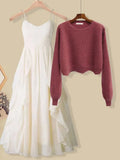 Women Spring Two Pieces Sets Korean Long Sleeve Knitted Sweater Cardigan And Ruffles Patchwork Mesh Long Dress